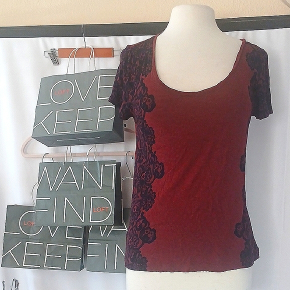 LOFT Tops - LOFT Burgundy and Black Graphic Lace Top Medium